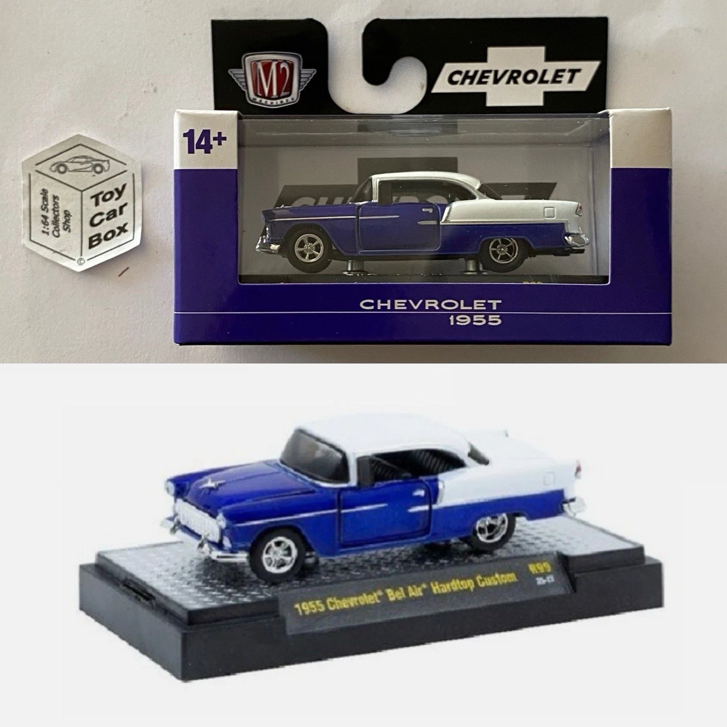 M2 MACHINES - 1955 Chevy Bel Air Hardtop (Blue & White - Auto Thentics R99) L92g