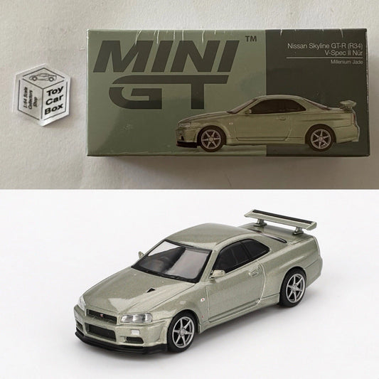 Mini GT #1003 - Nissan Skyline GT-R R34 V-Spec II Nur (Jade - 1/64 - Boxed) N38g