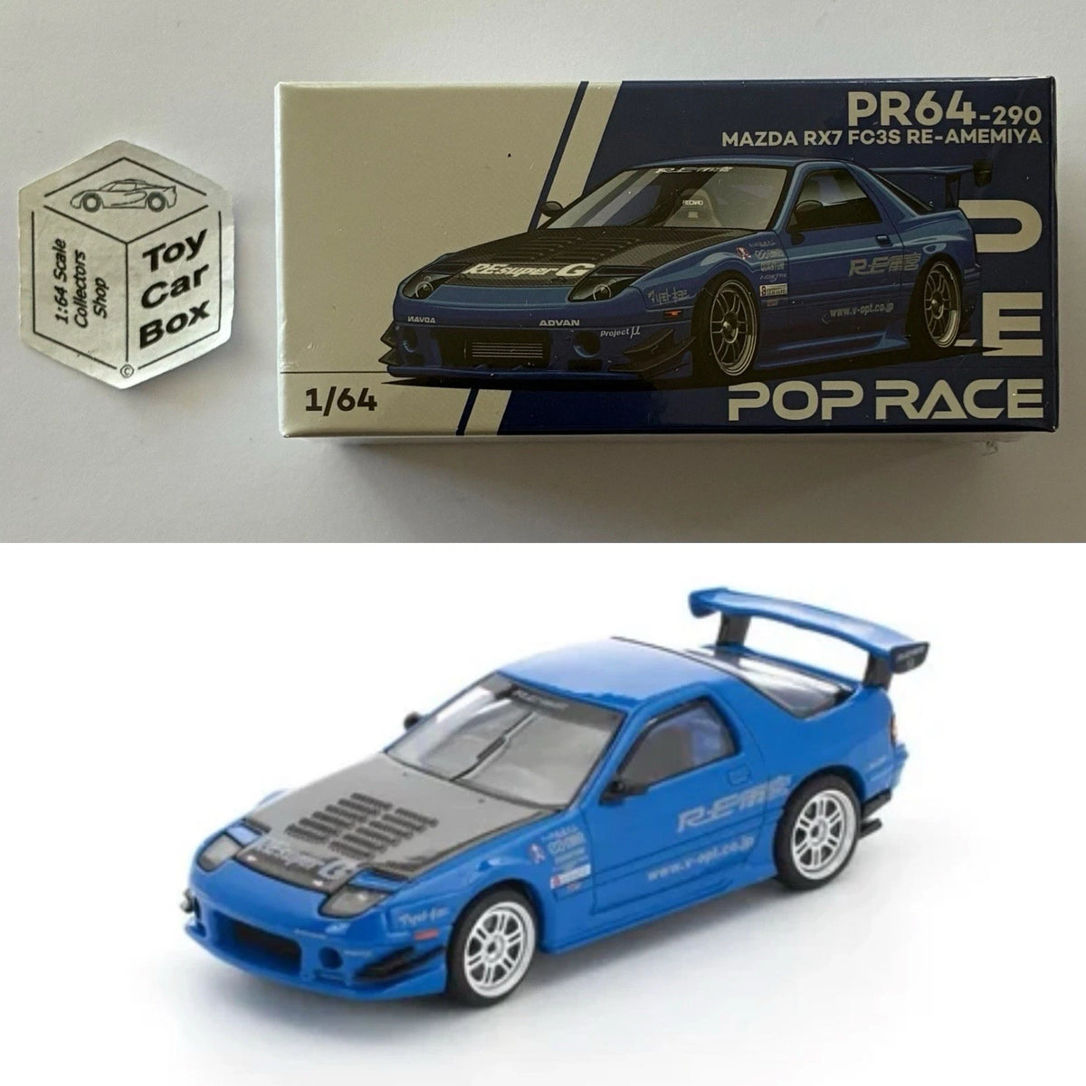 POP RACE - Mazda RX-7 FC3S Re-Amemiya (1:64 Blue #PR64-290 - Boxed) Q84g