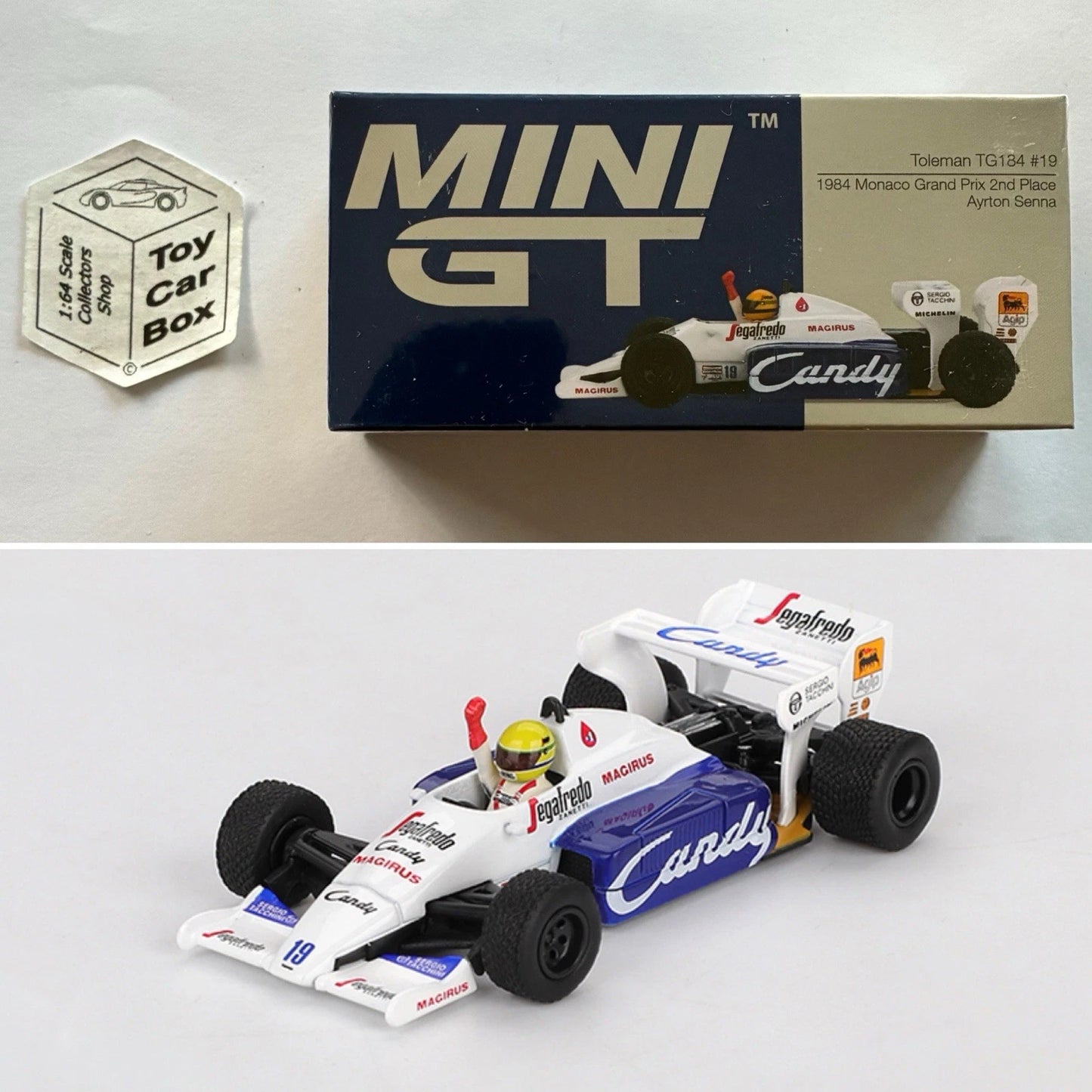 Mini GT #1118 - Toleman TG184 (F1 #19 Ayrton Senna - ‘84 Monaco Grand Prix) N50g