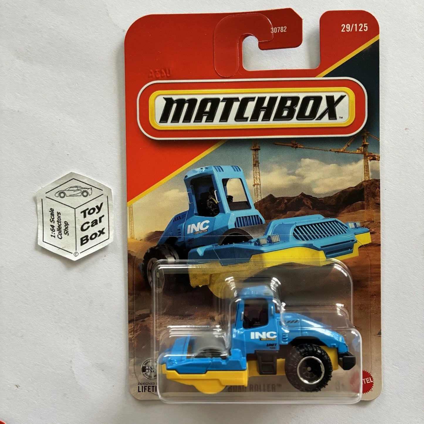 2026 MATCHBOX #29 - Road Roller (Blue & Yellow ‘INC’ - Long Card) B64