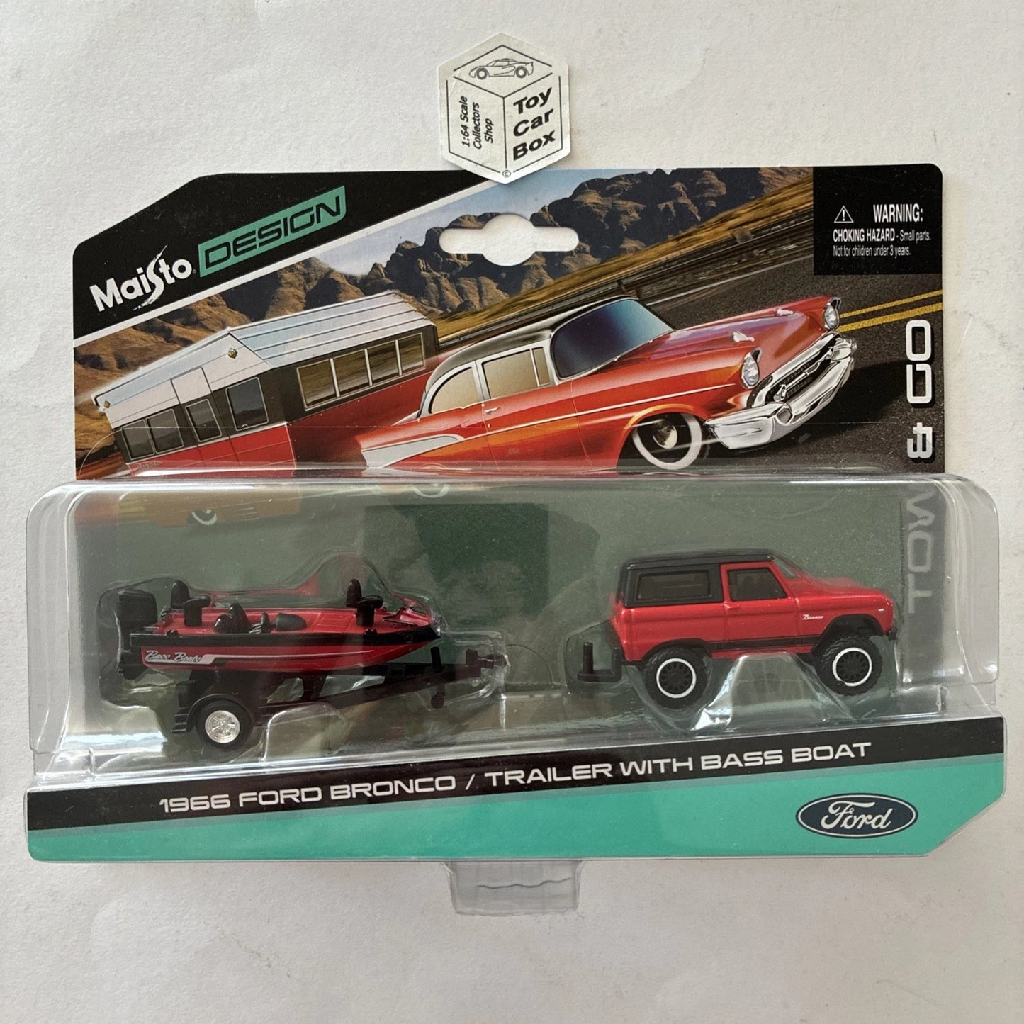 MAISTO 1/64 Tow & Go - 1966 Ford Bronco & Trailer With Bass Boat (Red) R98g