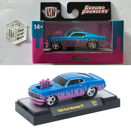 M2 MACHINES - 1969 Ford Mustang GT (Blue & Pink - Ground Pounders R31) L92g