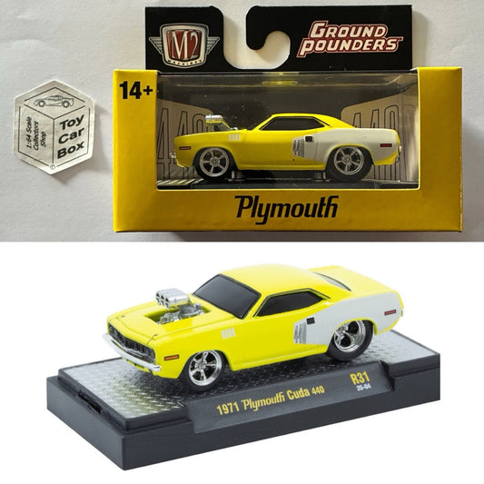 M2 MACHINES - 1971 Plymouth Cuda 440 (Yellow - Ground Pounders R31) L92g