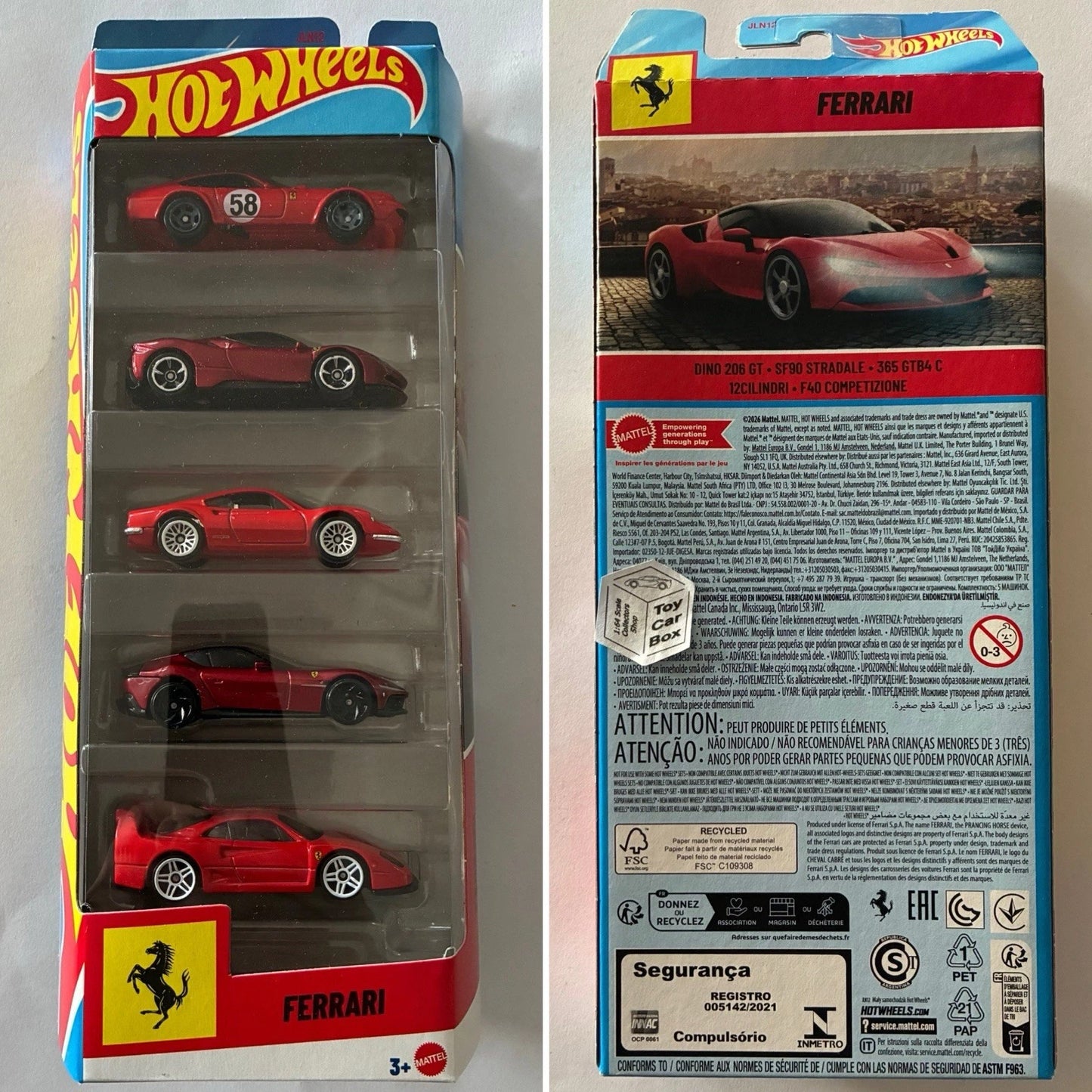 2026 HOT WHEELS 5 Pack - Ferrari (Dino 206GT, SF90, 365, 12Cilindri & F40) G78