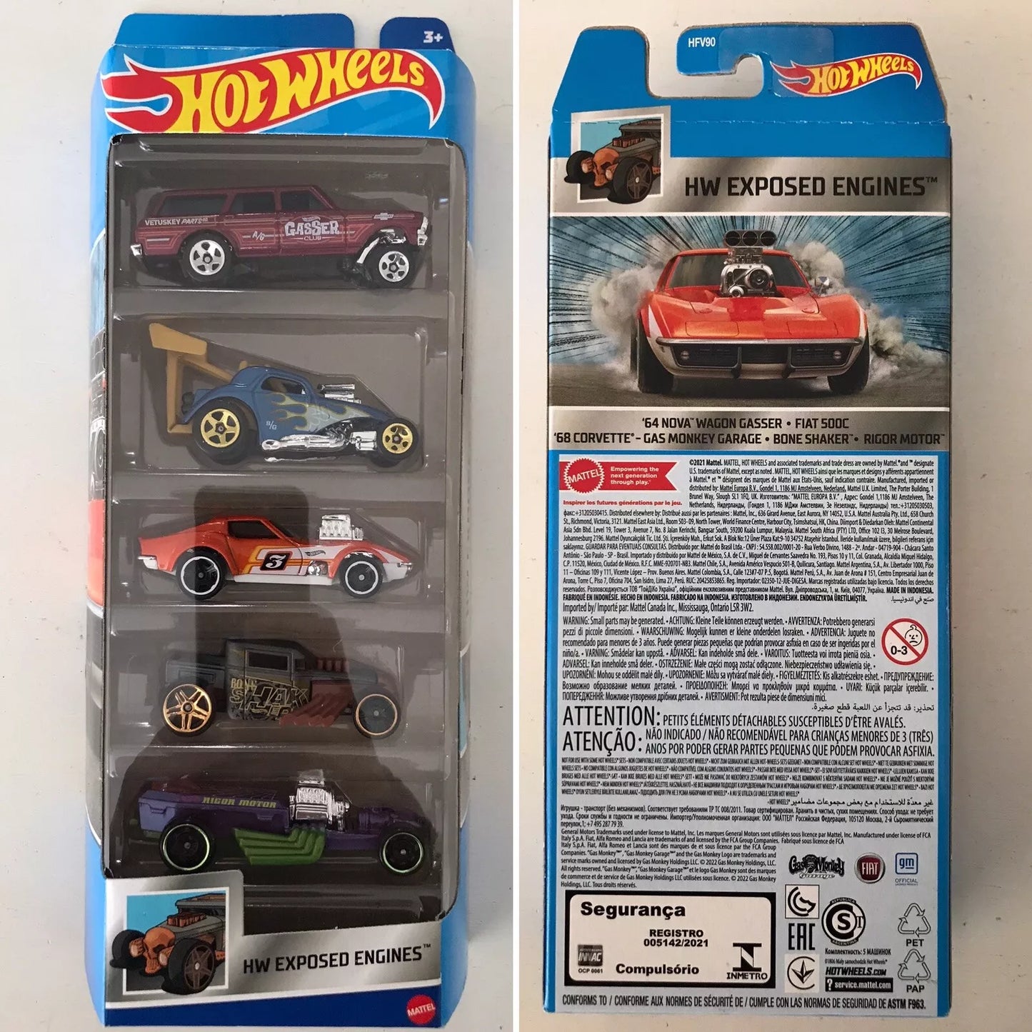 2022 HOT WHEELS HW Exposed Engines 5 Pack - Nova Gasser, Fiat, Corvette+2 Cars F00