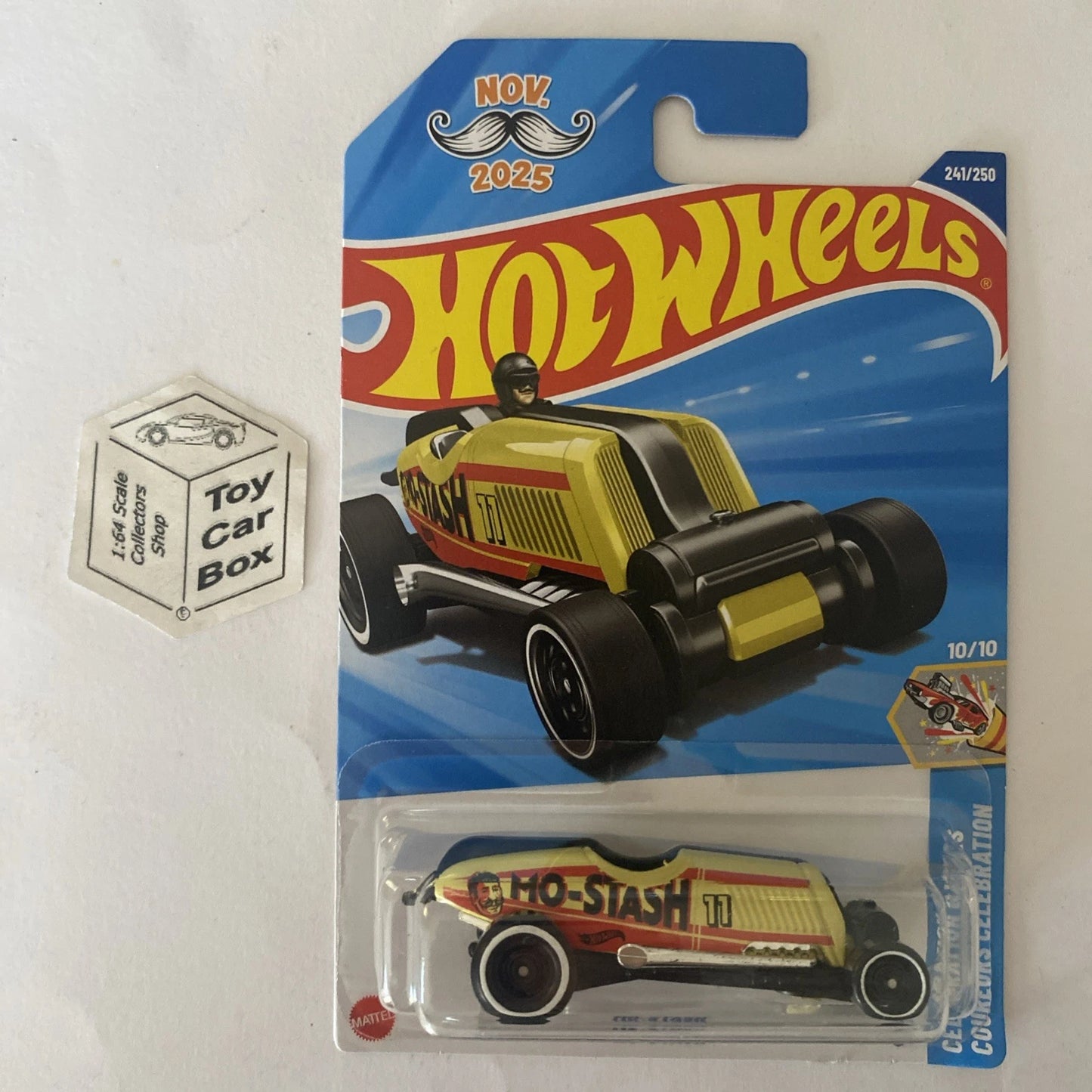 2025 HOT WHEELS #241 - Mo-Stash (Yellow #10 Celebration Racers - Long Card) A80