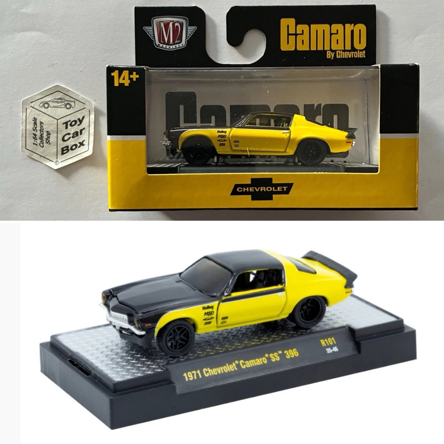 M2 MACHINES - 1971 Chevy Camaro SS 396 (Black & Yellow -Auto Thentics R101) L92g
