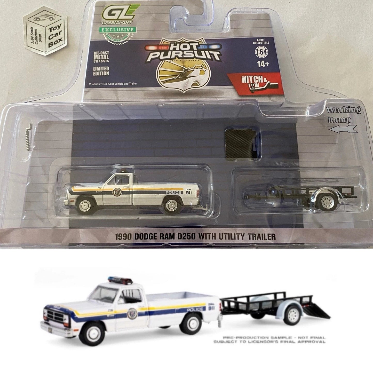 GREENLIGHT - 1990 Dodge Ram D250 and Trailer (Hot Pursuit - Hitch & Tow) U95