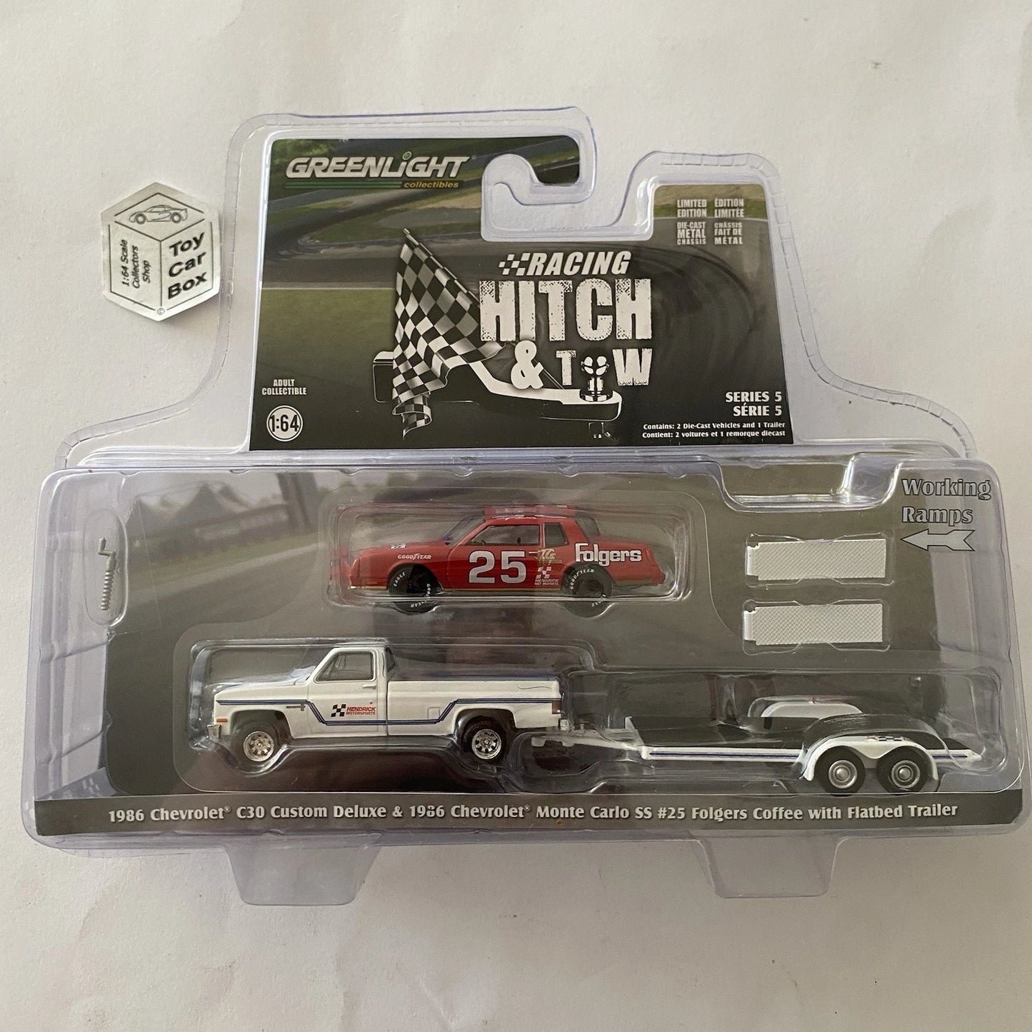 GREENLIGHT - ‘86 Chevy C30, Monte Carlo SS & Trailer (Racing Hitch & Tow) BD82g