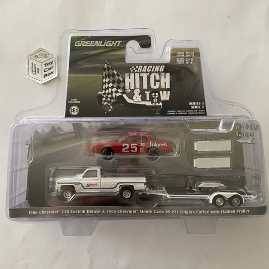 GREENLIGHT - ‘86 Chevy C30, Monte Carlo SS & Trailer (Racing Hitch & Tow) BD82g