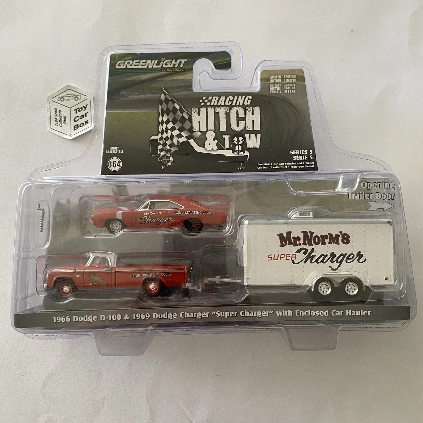 GREENLIGHT - ‘66 Dodge D100, Super Charger & Trailer (Racing Hitch & Tow) BD82g
