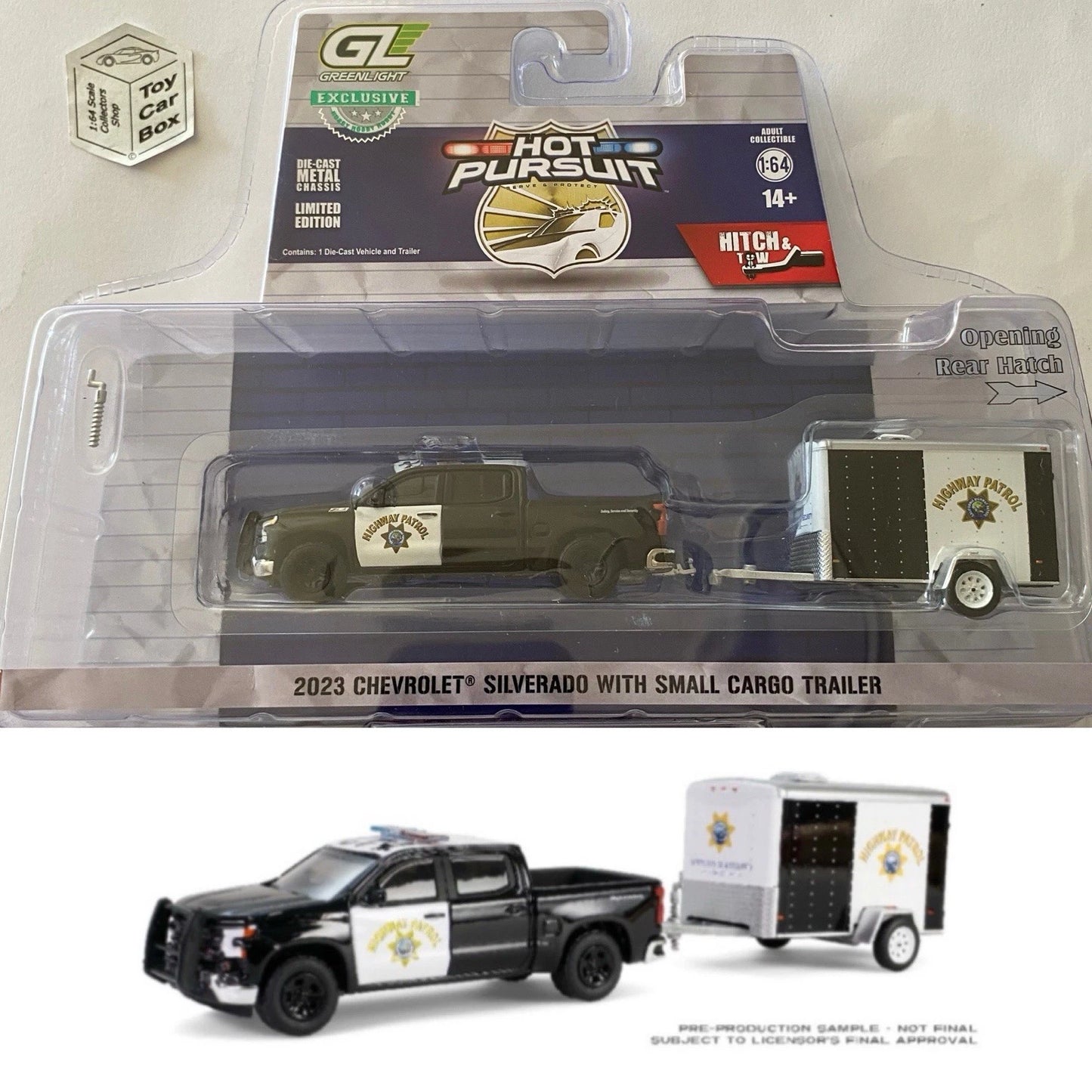 GREENLIGHT - 2023 Chevy Silverado & Cargo Trailer (Hot Pursuit Hitch & Tow) J38g