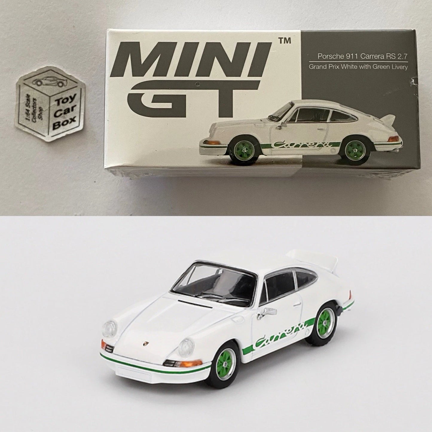 MINI GT #801 - Porsche 911 Carrera RS 2.7 (Grand Prix White & Green -Boxed) L75g