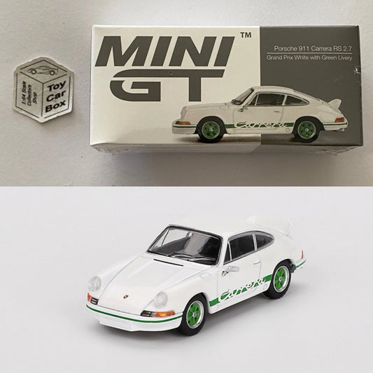 MINI GT #801 - Porsche 911 Carrera RS 2.7 (Grand Prix White & Green -Boxed) L75g