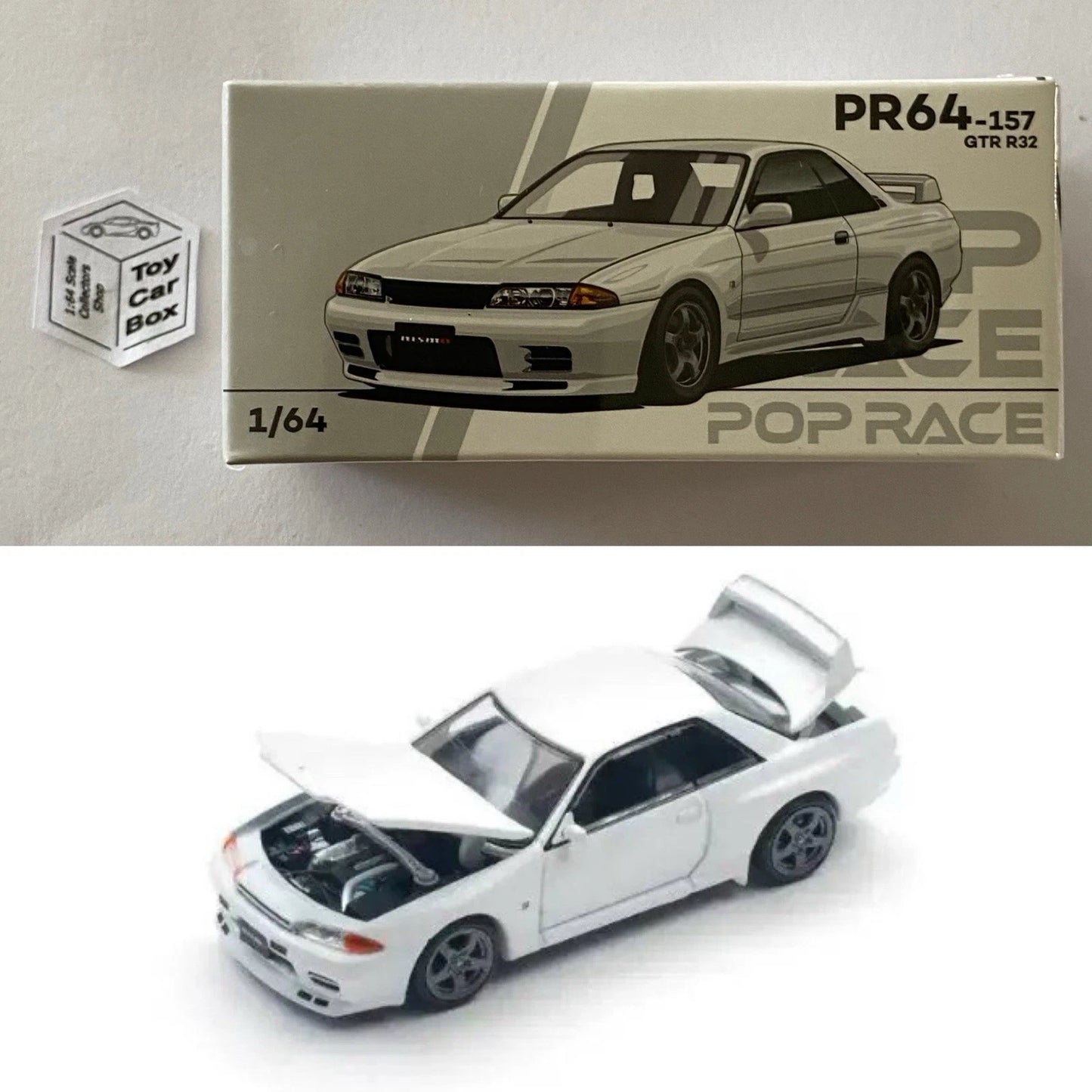 POP RACE - Nissan Skyline R32 GT-R (1:64 Scale - White #PR64-157- Boxed) Q84g