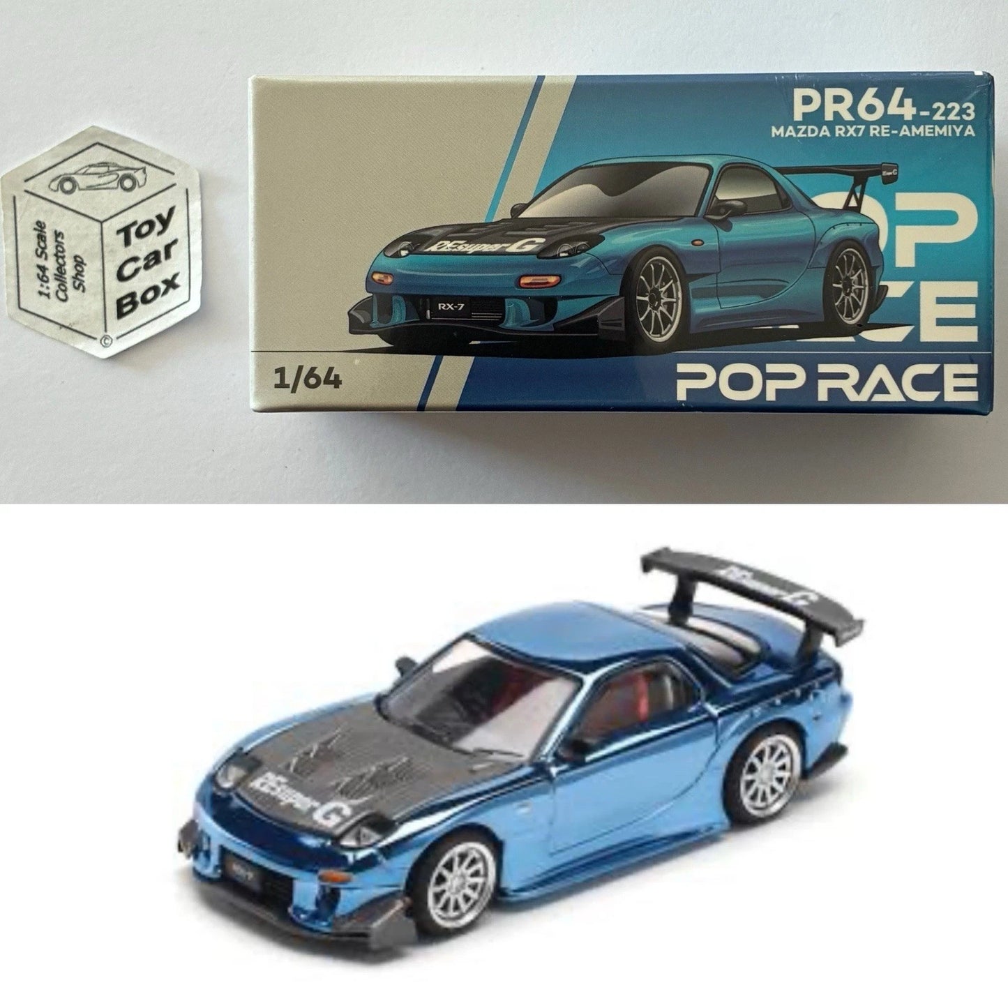 POP RACE - Mazda RX-7 Re-Amemiya (1:64 Blue Chrome #PR64-223 - Boxed) Q85g