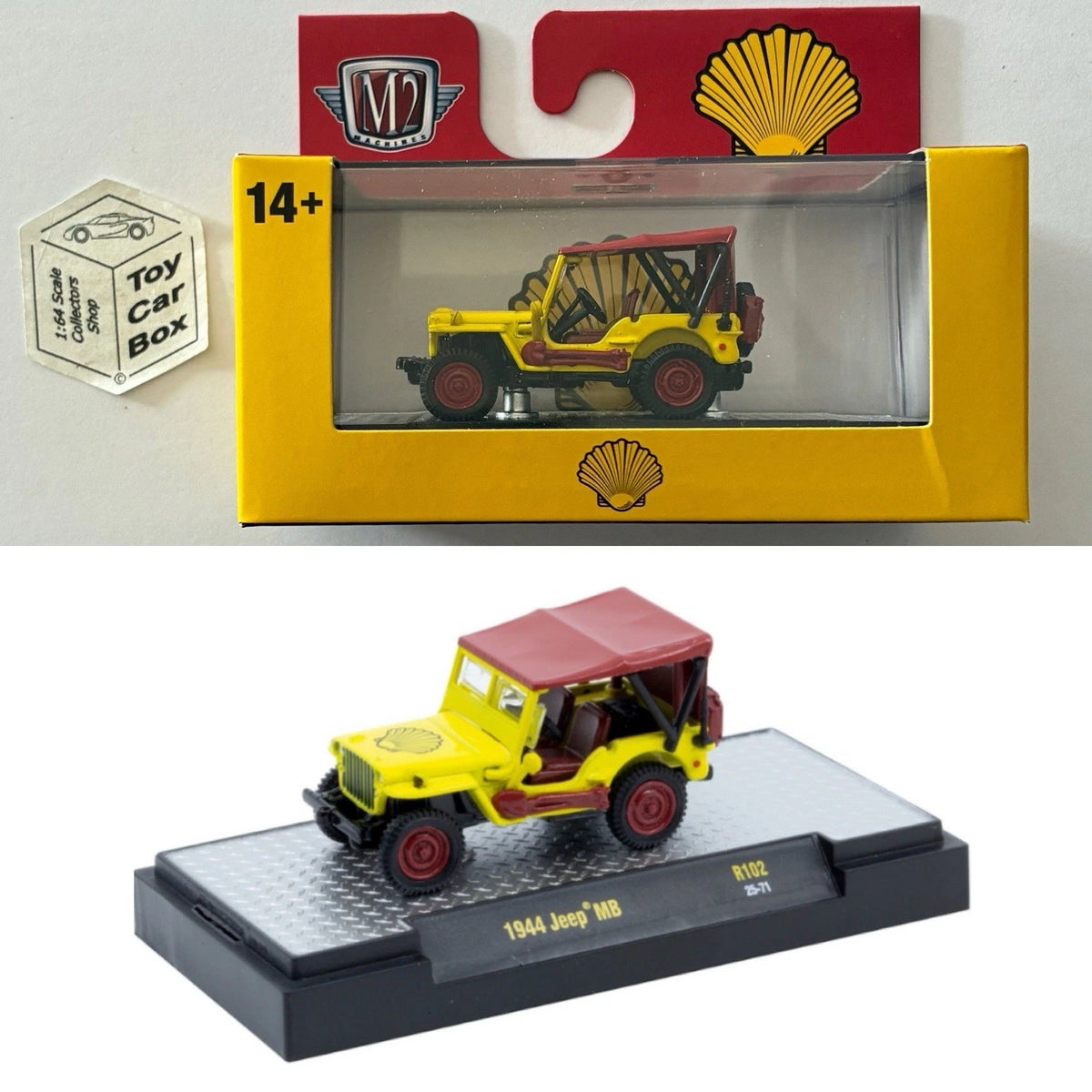 M2 MACHINES - 1944 Jeep MB (Red & Yellow ‘Shell’ - Auto-Thentics R102) L92g