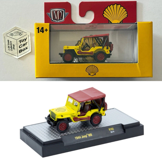 M2 MACHINES - 1944 Jeep MB (Red & Yellow ‘Shell’ - Auto-Thentics R102) L92g