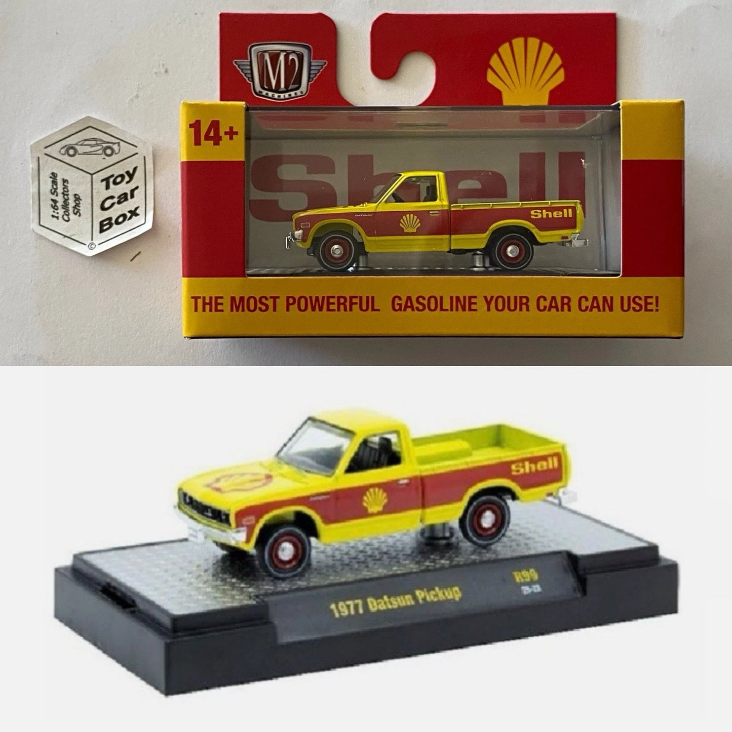 M2 MACHINES - 1977 Datsun Pickup (‘Shell’ Yellow & Red - Auto Thentics R99) L92g