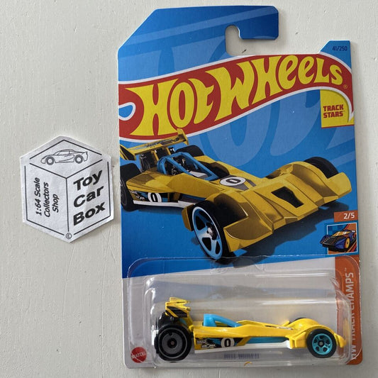 SALE - 2023 HOT WHEELS #41 - Hot Wired (Yellow #1 HW Track Champs - Long Card) B00